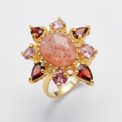 925 Sterling Silver Sunstone Halo Ring