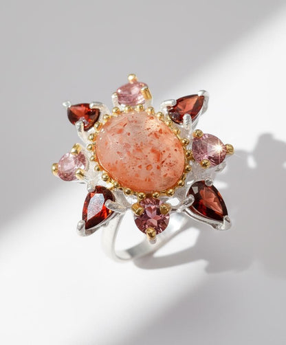 925 Sterling Silver Sunstone Halo Ring