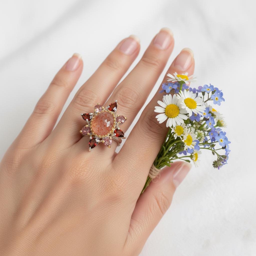 925 Sterling Silver Sunstone Halo Ring