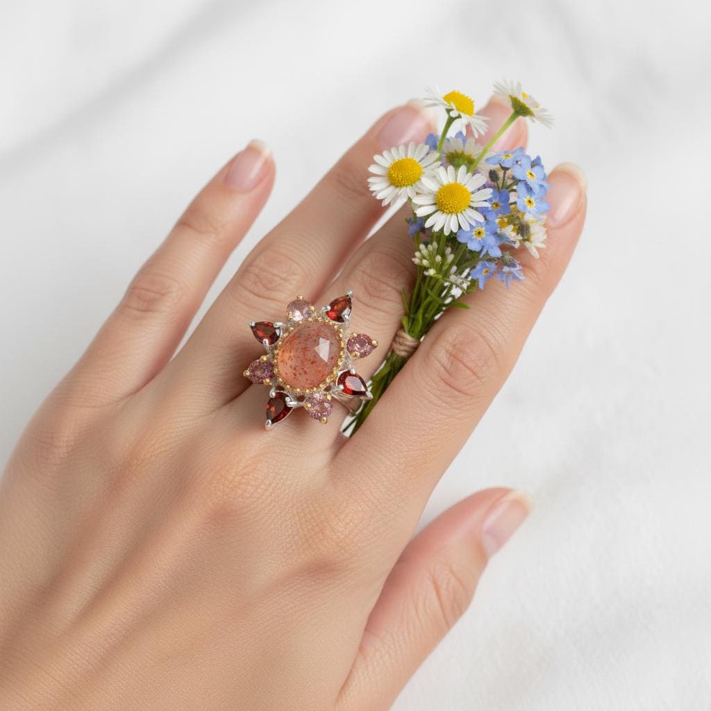 925 Sterling Silver Sunstone Halo Ring