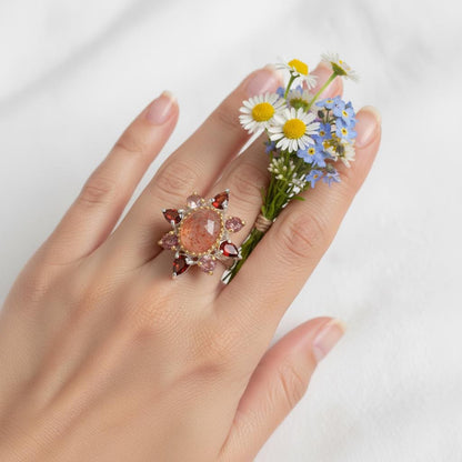 925 Sterling Silver Sunstone Halo Ring