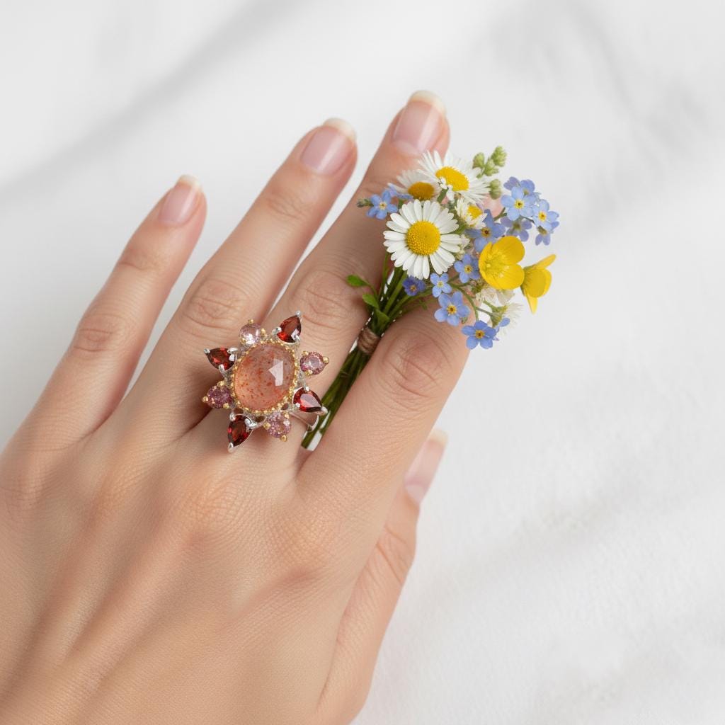 925 Sterling Silver Sunstone Halo Ring