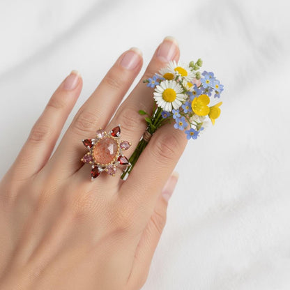 925 Sterling Silver Sunstone Halo Ring