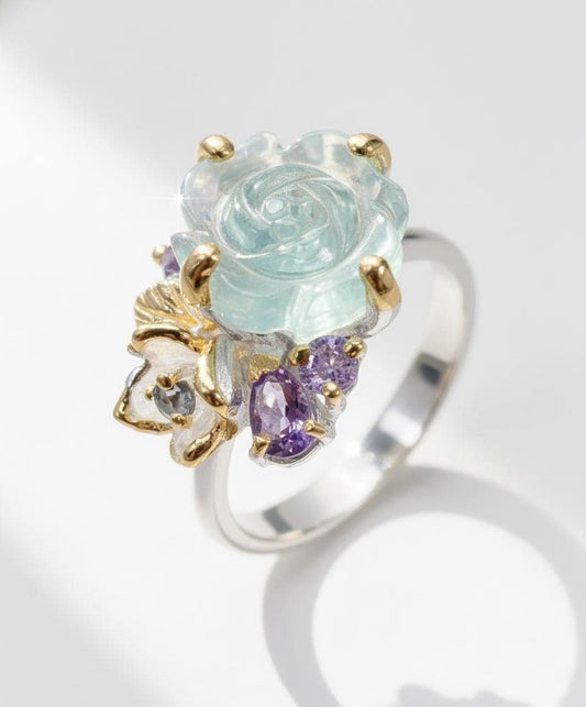 925 Sterling Silver Aquamarine Flower Ring