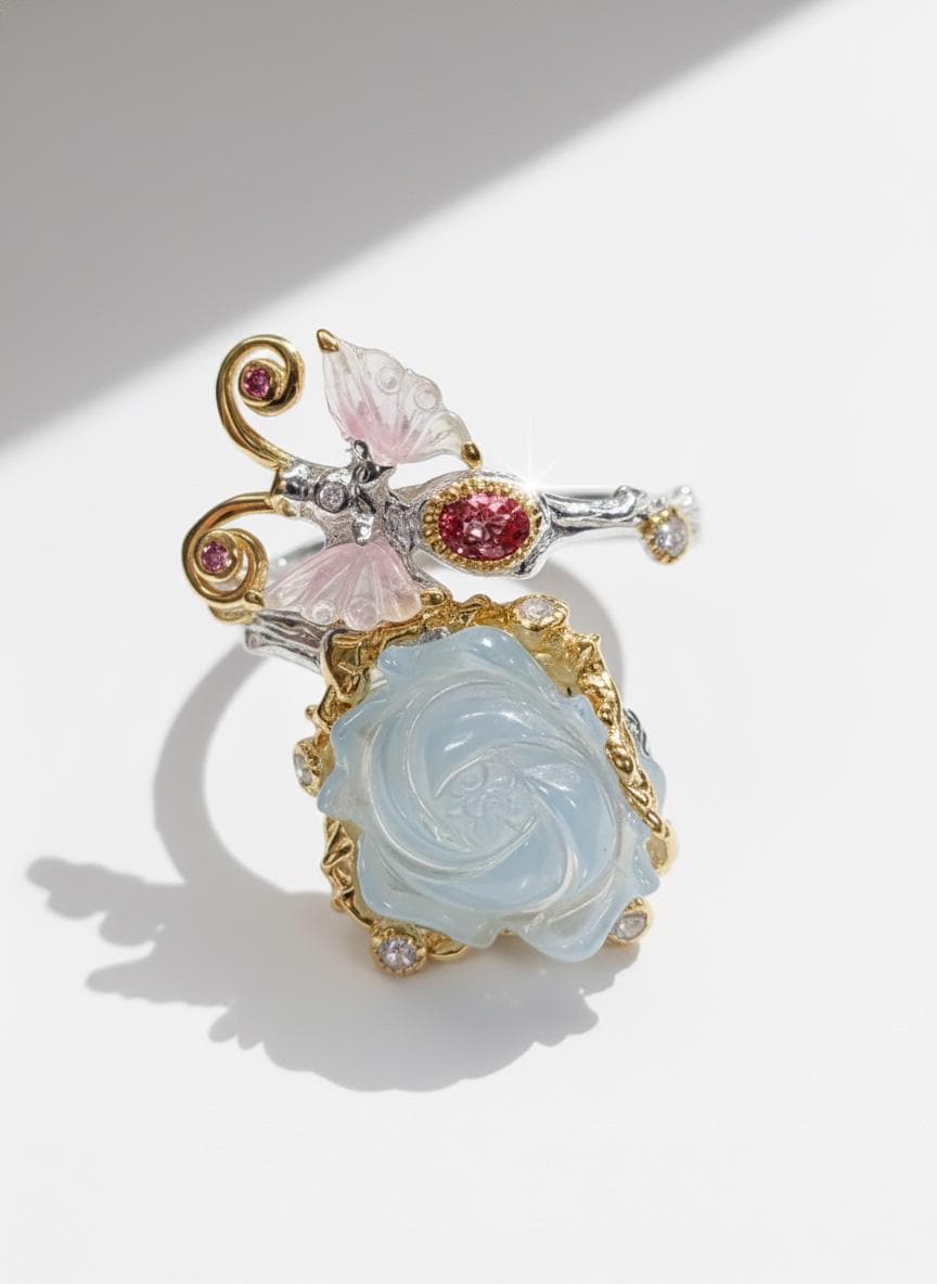 925 Sterling Silver Aquamarine Carved Rose Ring