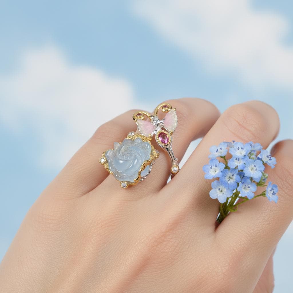 925 Sterling Silver Aquamarine Carved Rose Ring