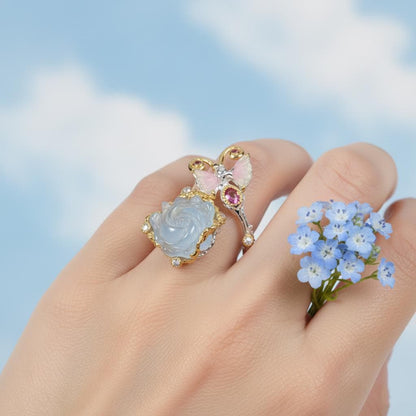 925 Sterling Silver Aquamarine Carved Rose Ring