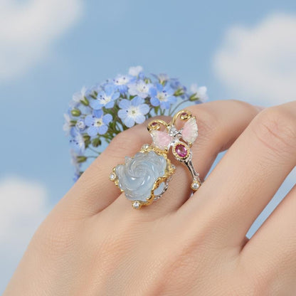 925 Sterling Silver Aquamarine Carved Rose Ring