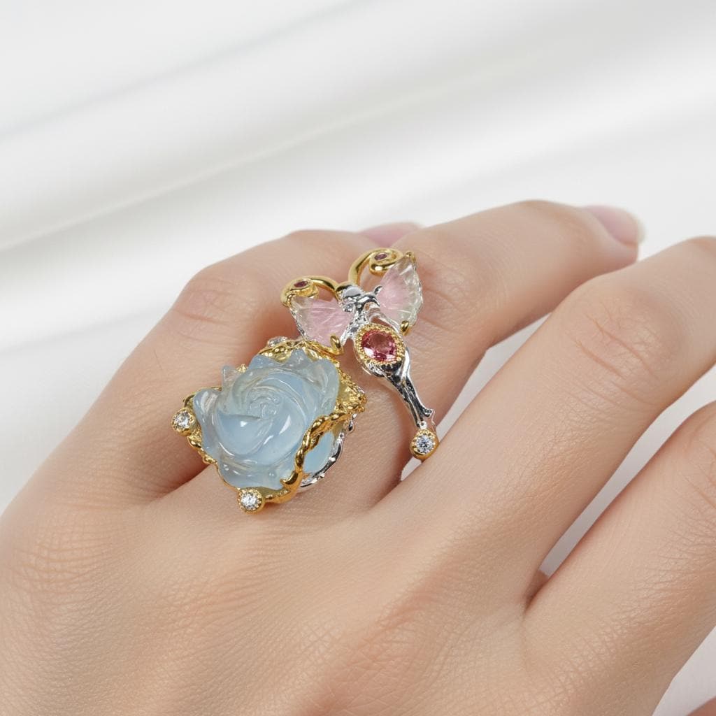925 Sterling Silver Aquamarine Carved Rose Ring