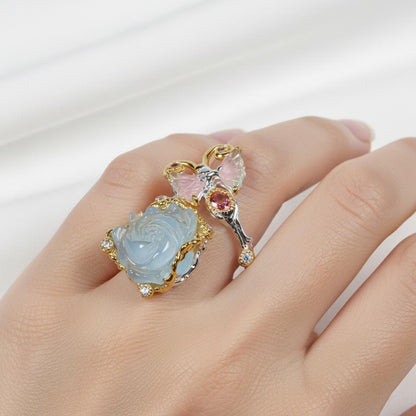 925 Sterling Silver Aquamarine Carved Rose Ring
