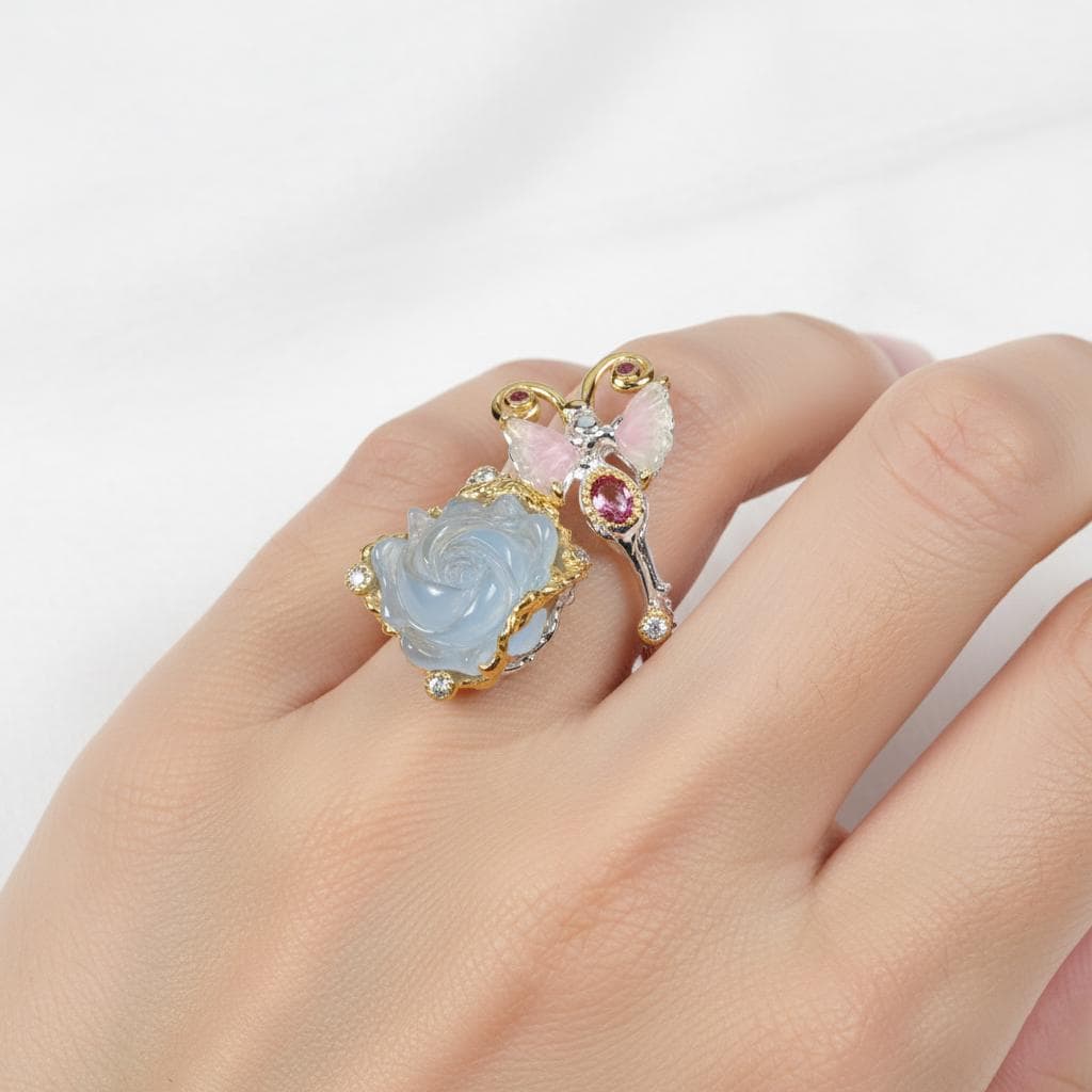 925 Sterling Silver Aquamarine Carved Rose Ring