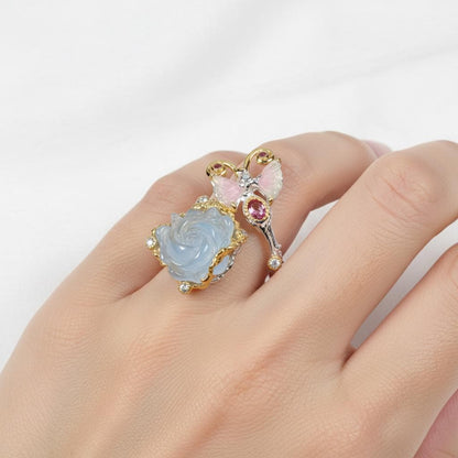925 Sterling Silver Aquamarine Carved Rose Ring