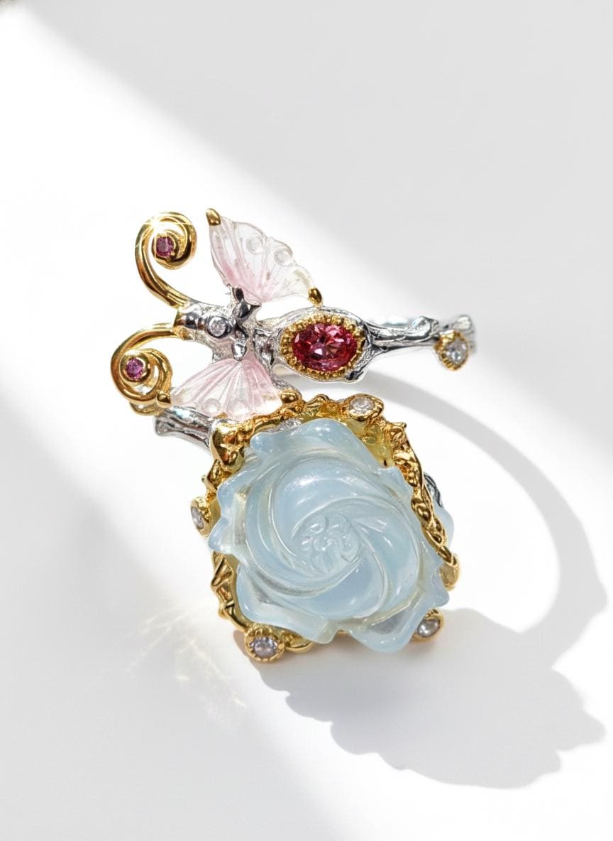 925 Sterling Silver Aquamarine Carved Rose Ring