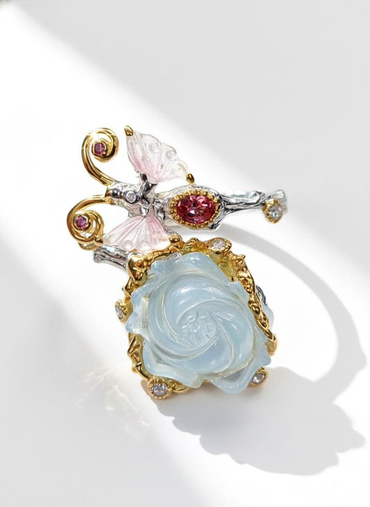 925 Sterling Silver Aquamarine Carved Rose Ring
