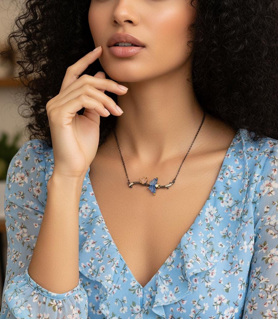 925 Sterling Silver Aquamarine Butterfly Necklace