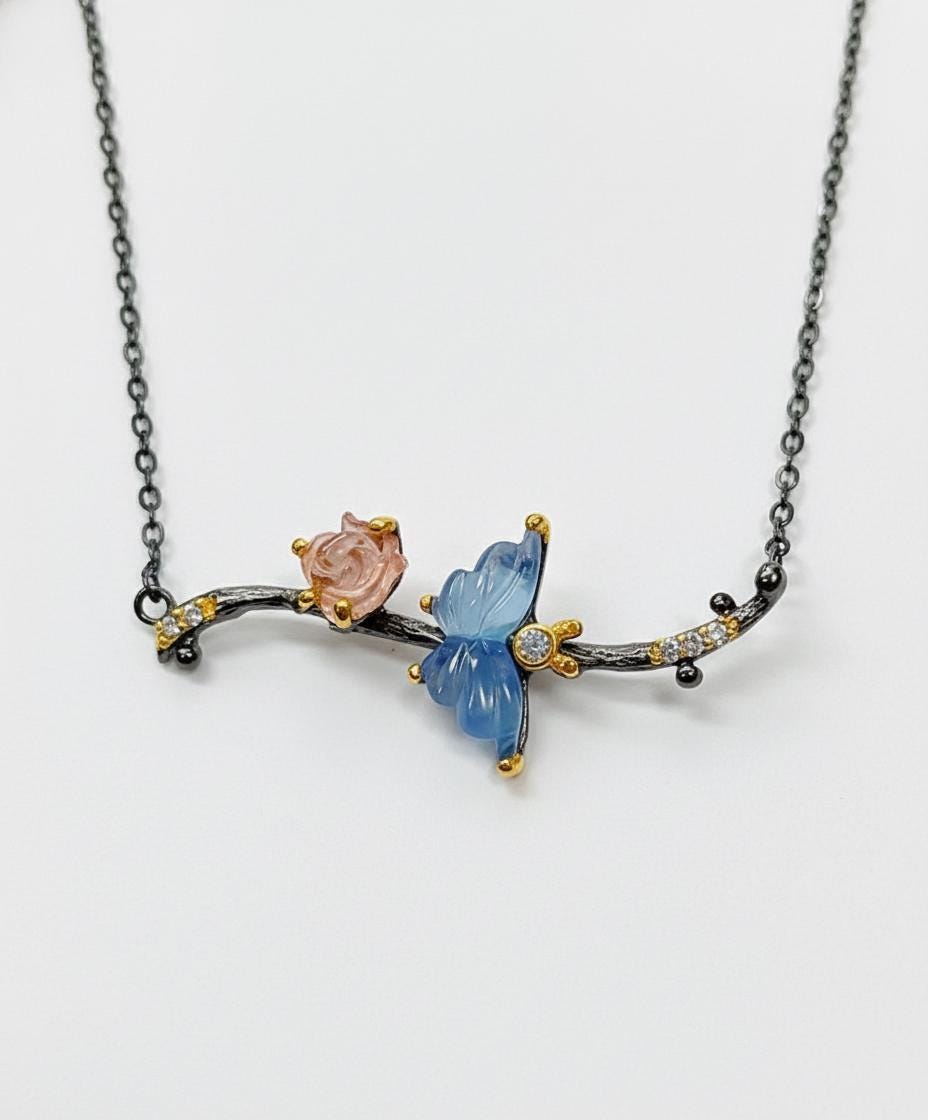 925 Sterling Silver Aquamarine Butterfly Necklace