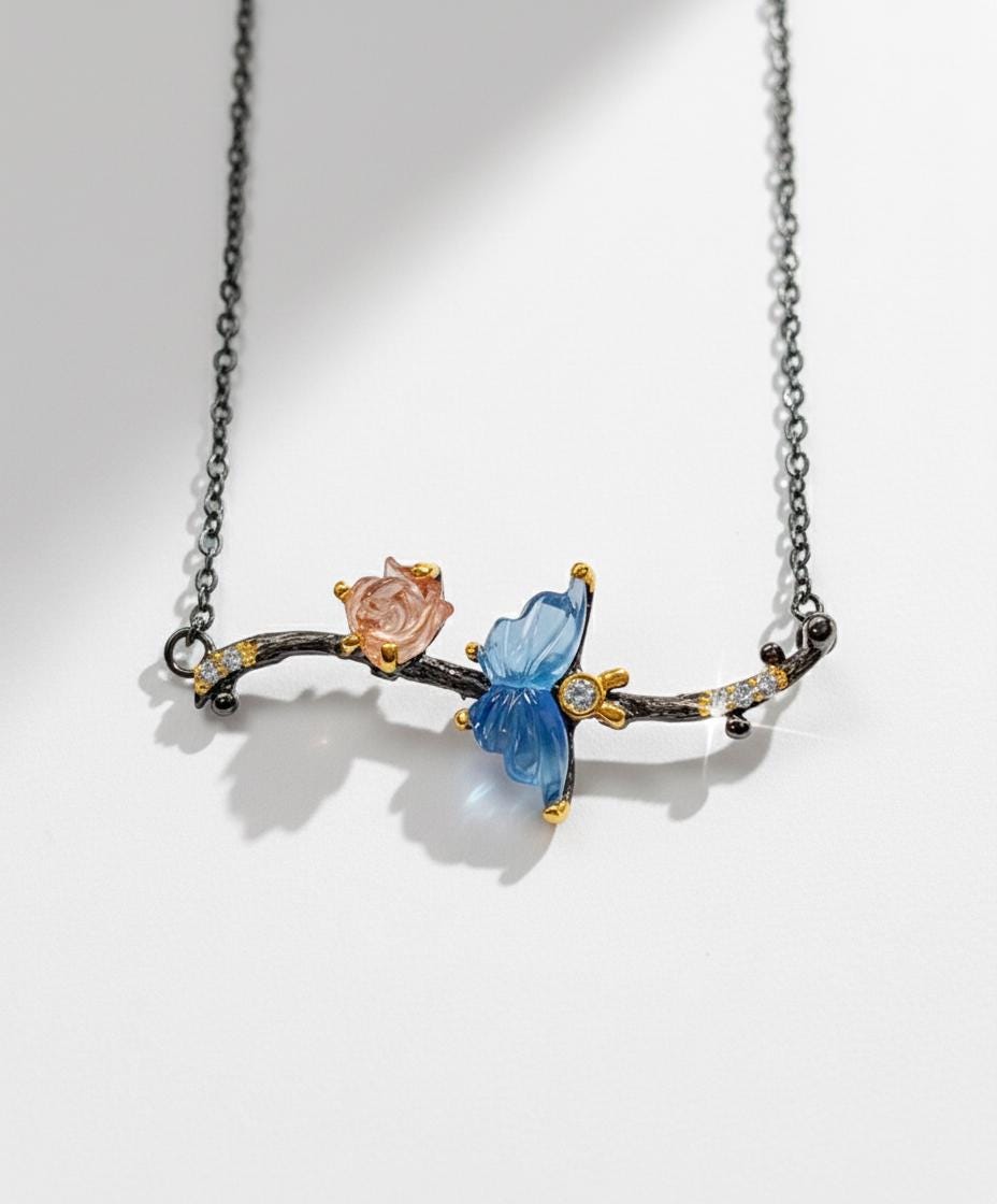 925 Sterling Silver Aquamarine Butterfly Necklace