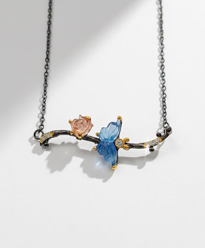 925 Sterling Silver Aquamarine Butterfly Necklace