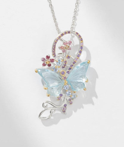 925 Sterling Silver Aquamarine Butterfly Necklace