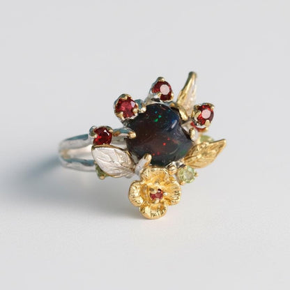 925 Sterling Silver Raw Black Opal Ring