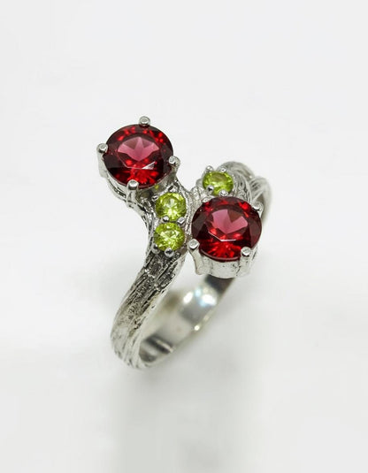925 Sterling Silver Two Red Garnets Ring