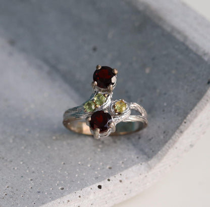 925 Sterling Silver Two Red Garnets Ring
