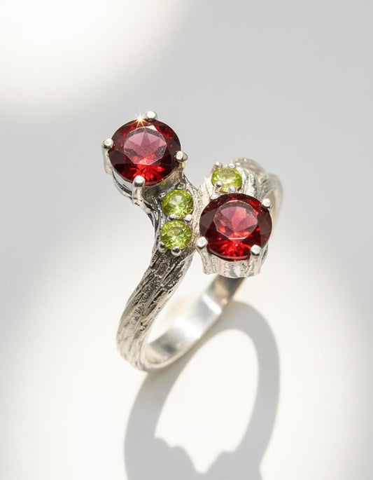 925 Sterling Silver Two Red Garnets Ring