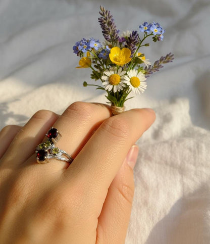 925 Sterling Silver Two Red Garnets Ring