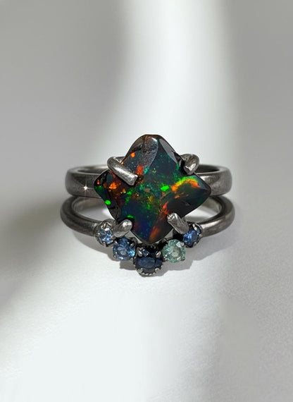 925 Sterling Silver Raw Black Opal Ring Set - Size 7 US