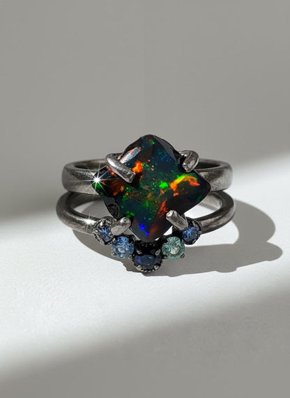 925 Sterling Silver Raw Black Opal Ring Set - Size 7 US