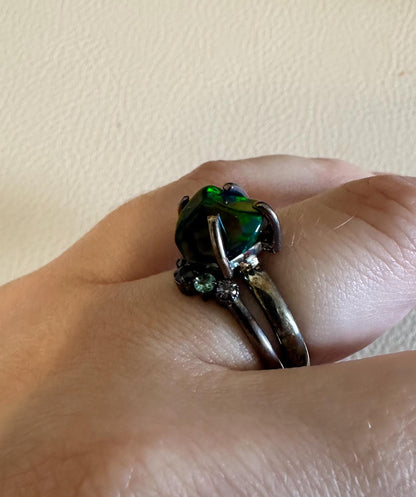925 Sterling Silver Raw Black Opal Ring Set - Size 7 US