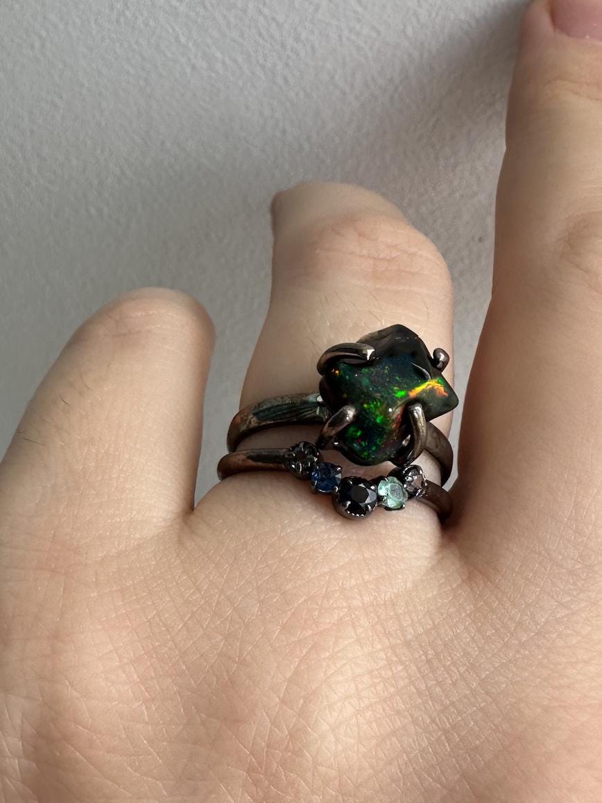 925 Sterling Silver Raw Black Opal Ring Set - Size 7 US