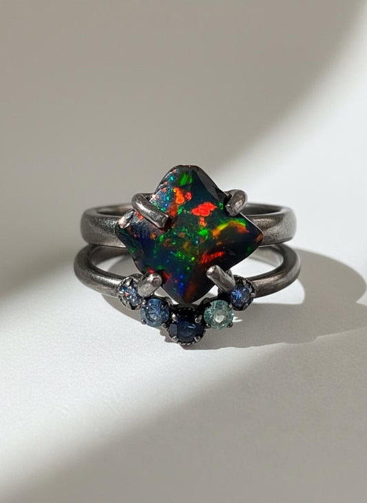 925 Sterling Silver Raw Black Opal Ring Set - Size 7 US