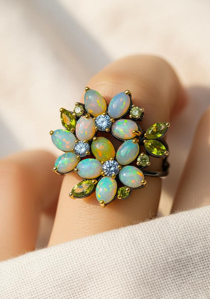 925 Sterling Silver Rainbow Opal Flower Ring