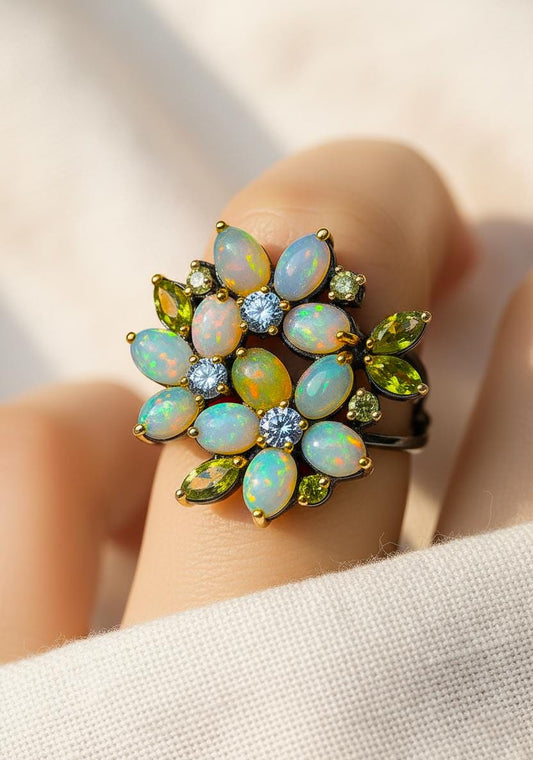 925 Sterling Silver Rainbow Opal Flower Ring