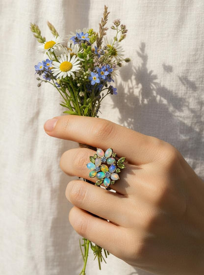 925 Sterling Silver Rainbow Opal Flower Ring