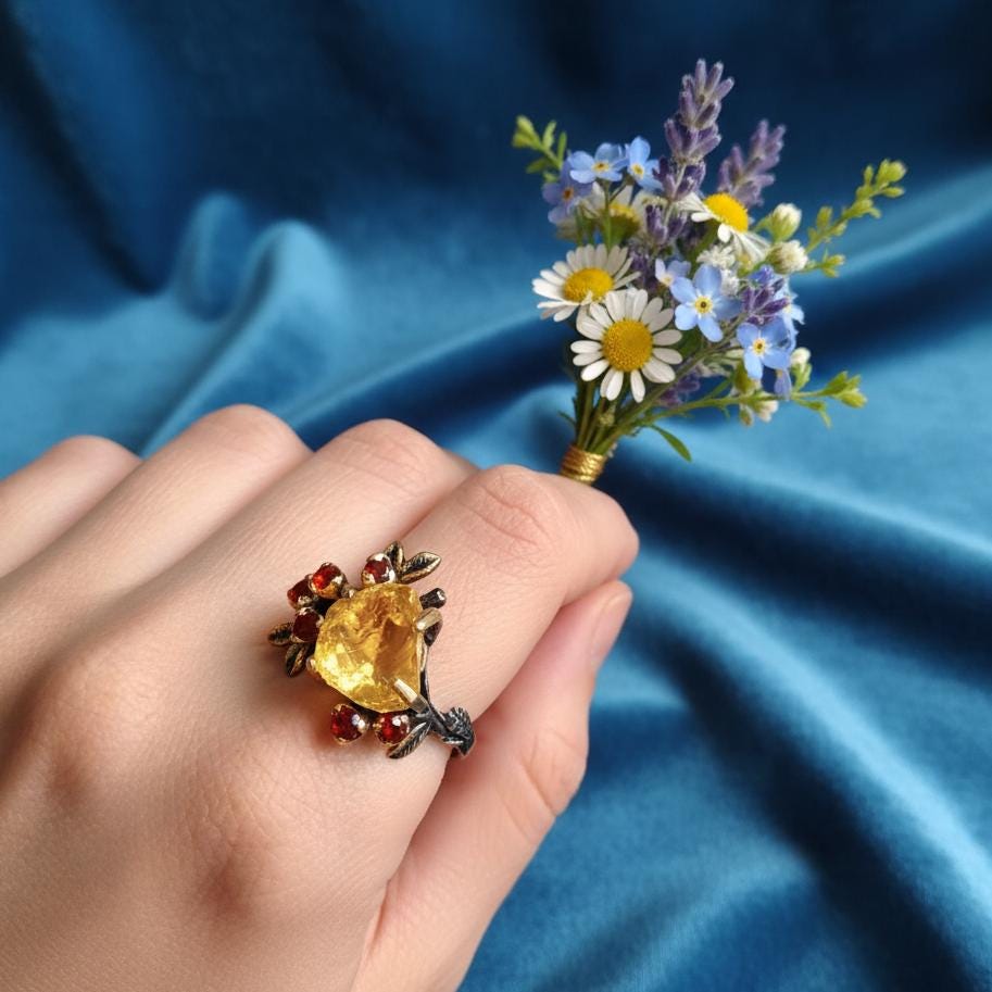 925 Sterling Silver Raw Yellow Citrine Ring