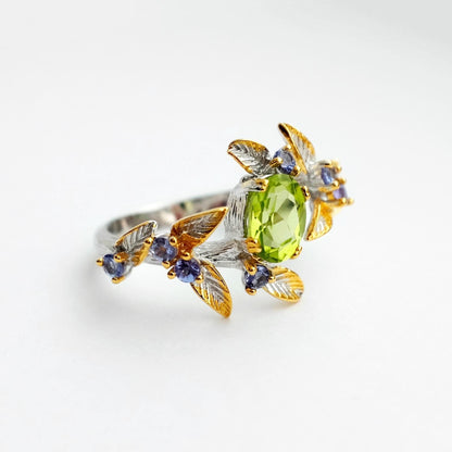 925 Sterling Silver Green Peridot Leaf Ring