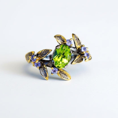 925 Sterling Silver Green Peridot Leaf Ring