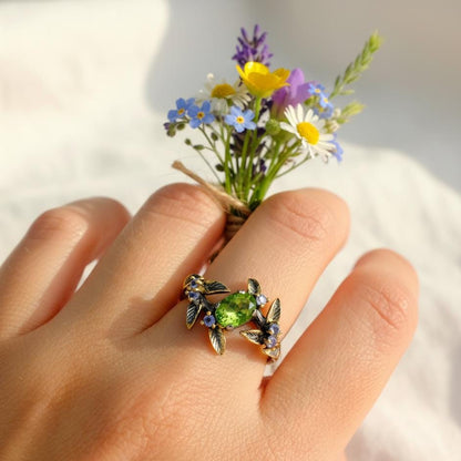 925 Sterling Silver Green Peridot Leaf Ring