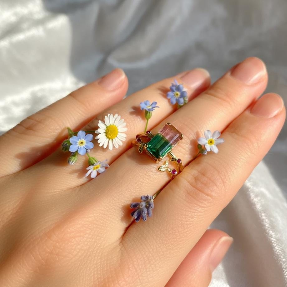 14K Solid Gold Watermelon Tourmaline Ring Set