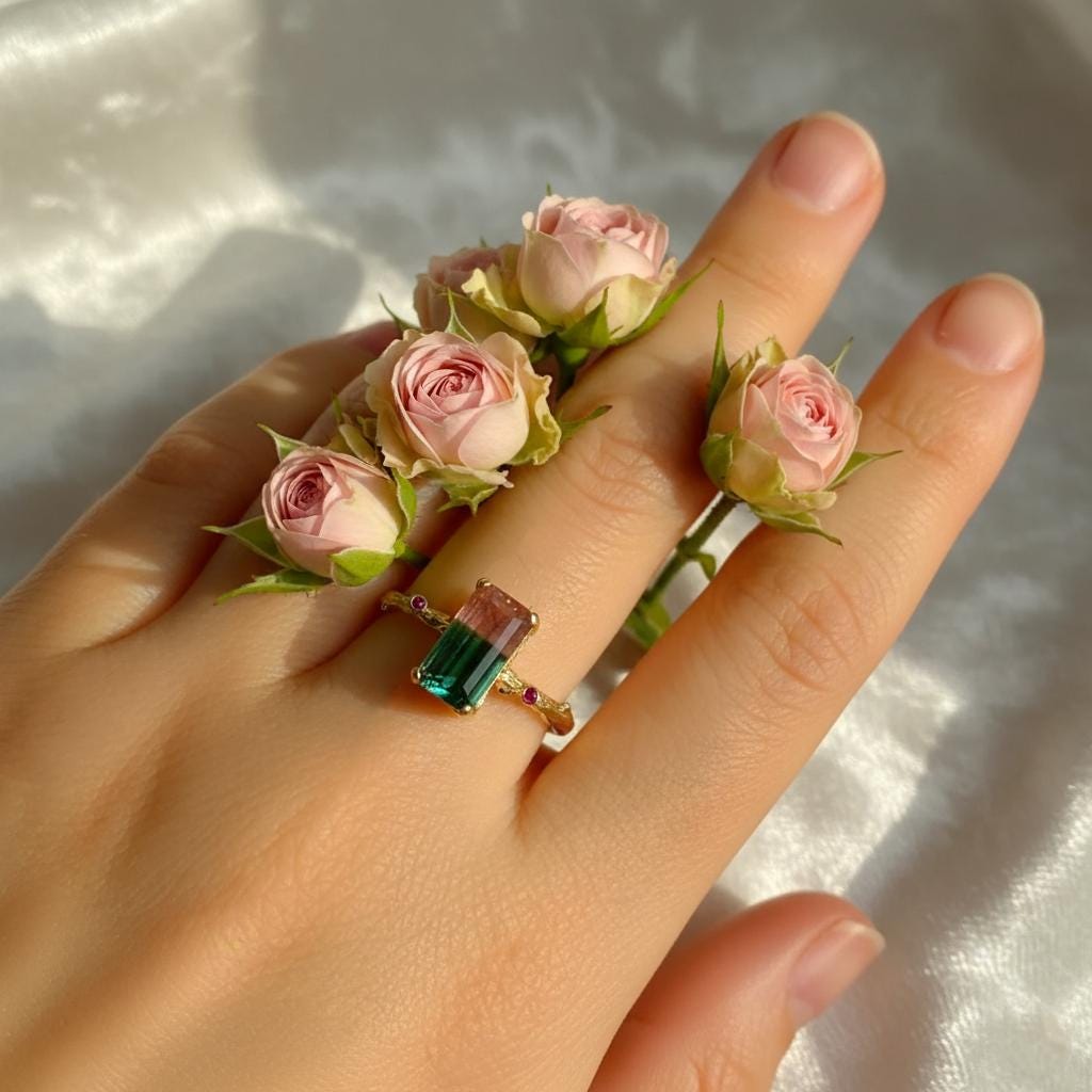 14K Solid Gold Watermelon Tourmaline Ring Set
