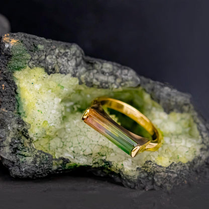 14K Solid Gold Long Bar Bi-Color Tourmaline Ring