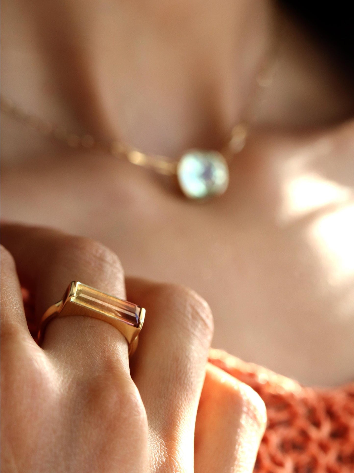 14K Solid Gold Long Bar Bi-Color Tourmaline Ring