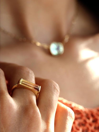 14K Solid Gold Long Bar Bi-Color Tourmaline Ring