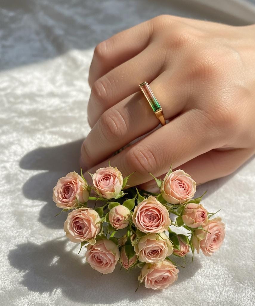 14K Solid Gold Long Bar Bi-Color Tourmaline Ring