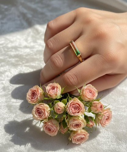 14K Solid Gold Long Bar Bi-Color Tourmaline Ring