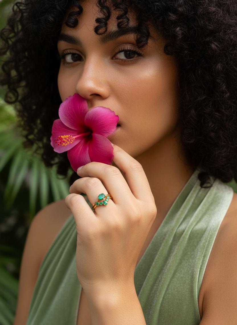 18K Solid Gold Emerald Engagement Ring Set