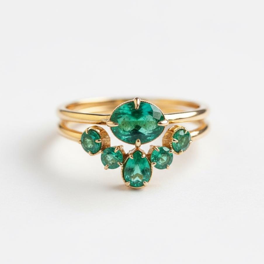 18K Solid Gold Emerald Engagement Ring Set