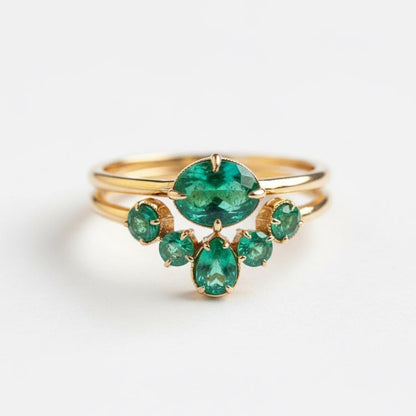 18K Solid Gold Emerald Engagement Ring Set